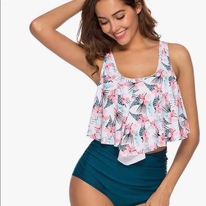 KABETY Women Two Pieces Bathing Suits Ruffled Racerback High Waisted Bikini Set